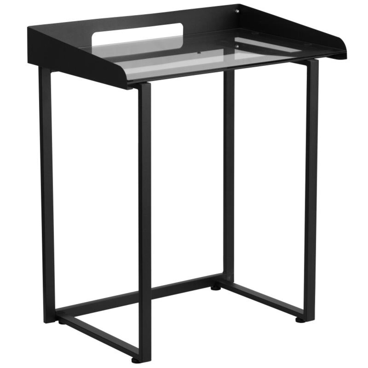 Flash Furniture Contemporary Clear Tempered Glass Desk with Raised Cable Management Border and Black Metal Frame